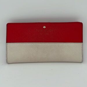 Kate‎ Spade Safiano Leather Slim Clutch Bifold Color Block Wallet Red Cream